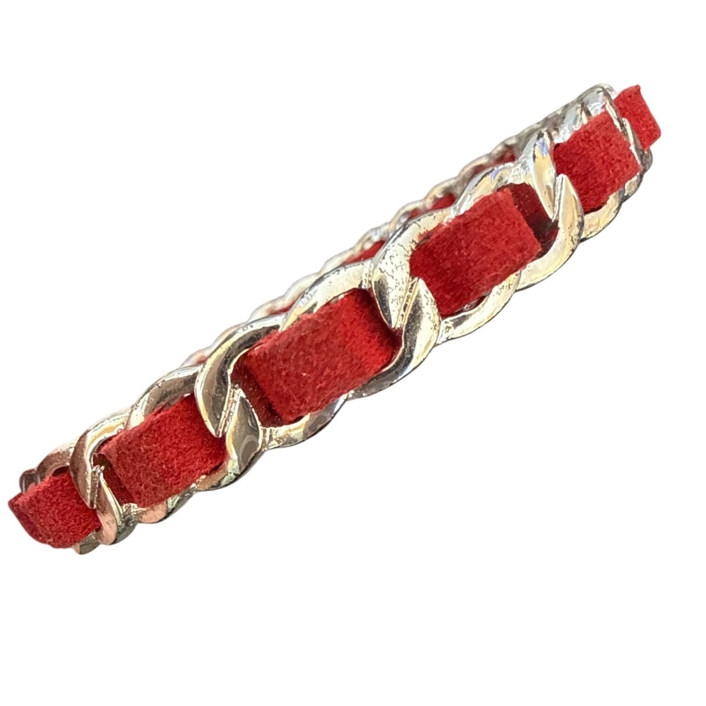 Y2K Red Suede Woven Silver Tone Curb Chain Bangle Bracelet 7.5 Inch Mob Wife